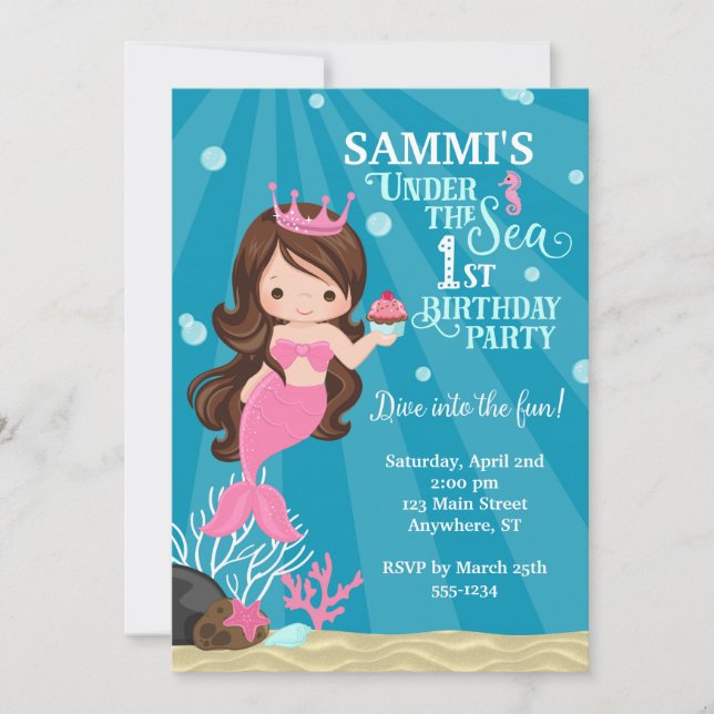 Brunette Mermaid 1ER Invitation d'anniversaire (Devant)