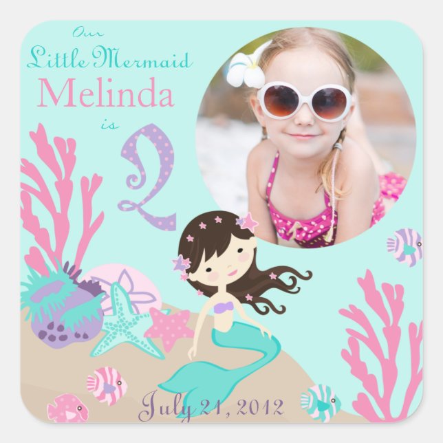 Brunette Mermaid Age Deux Sticker Photo Étiquette (Devant)