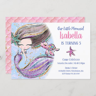 Brunette Mermaid Invitation de fête d'anniversaire