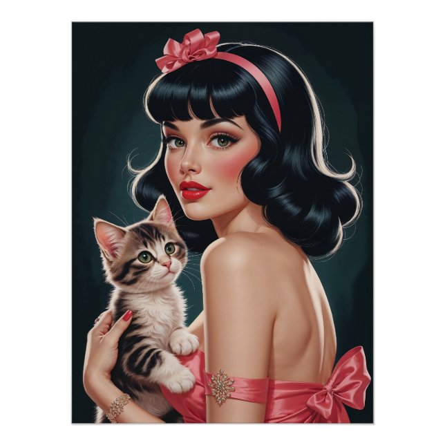 Brunette Pin-Up avec Poster Portrait Cute Kitten (Devant)