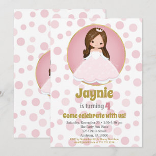 Brunette Pink Princess Girls Invitation Anniversai