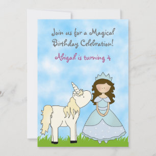 Brunette Princess et Unicorn Invitation d'annivers