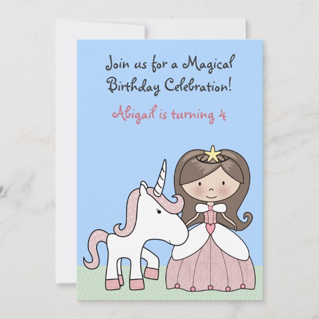 Brunette Princess et Unicorn Invitation d'annivers (Devant)