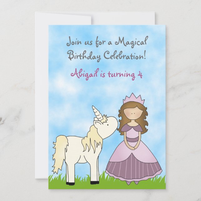 Brunette Princess et Unicorn Invitation d'annivers (Devant)