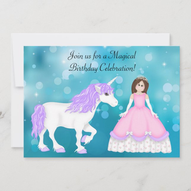 Brunette Princess et Unicorn Invitation d'annivers (Devant)