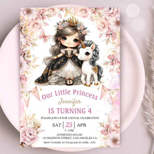 Brunette Princess Unicorn 4e Invitation anniversai (Créateur téléchargé)