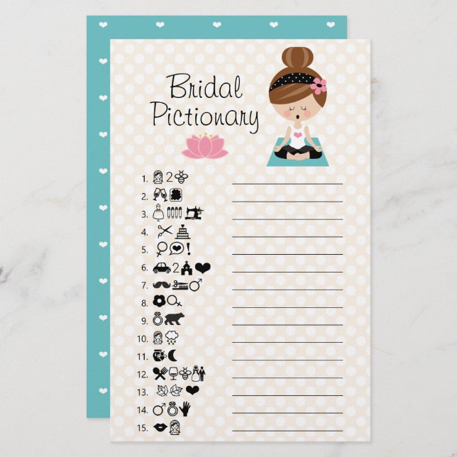 Brunette Yoga Fête des mariées Pictionary Jeu (Devant / Derrière)