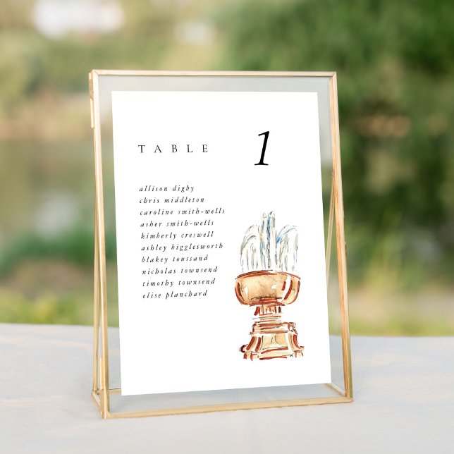 Bryant Park Fountain NYC Mariage Seating Chart (Watercolor Bryant Park Fountain New York City wedding table number seating chart sign.)