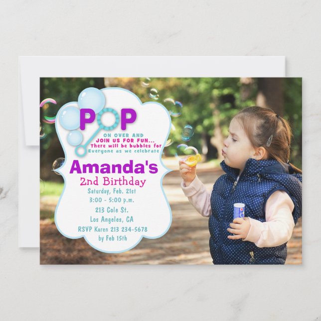 Bubble Pop Girl Photo Anniversaire Fête Invitation (Devant)
