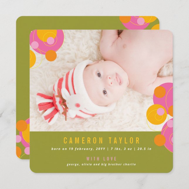 Bubbly Cercles Fuchsia rose fille Faire-part bébé (Devant / Derrière)