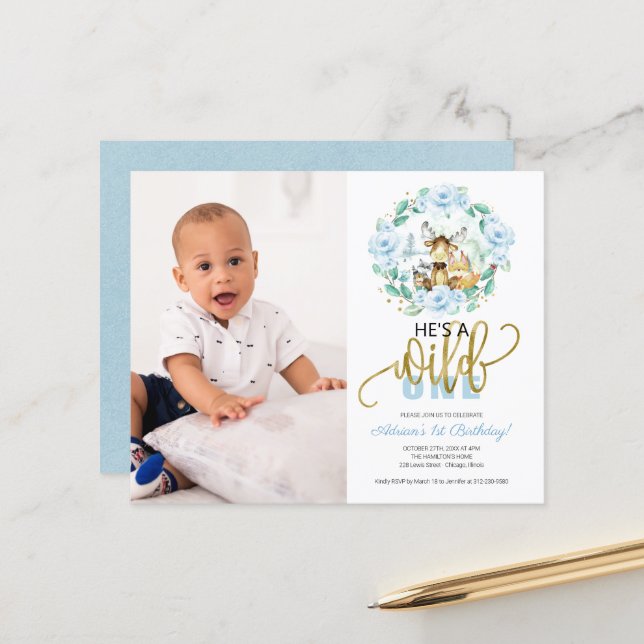 Budge He's A Wild One Photo 1st Birthday Invitatio (Devant/Arrière en situation)