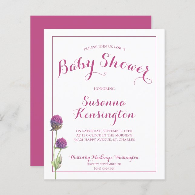 Budge Pink Thistle Baby Girl Shower Invitation (Devant / Derrière)