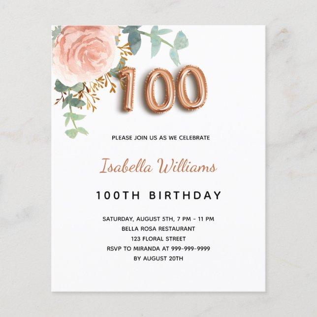 Budget 100e anniversaire floral rose or eucalyptus (Devant)