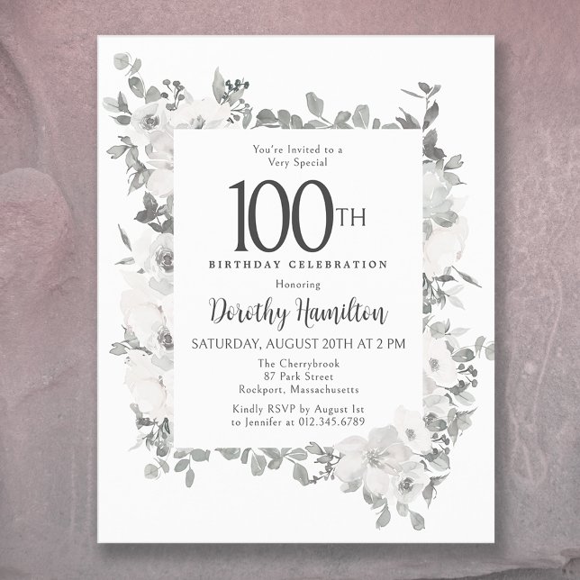 Budget 100e anniversaire Invitation florale blanch (An elegant way to celebrate an important milestone!)