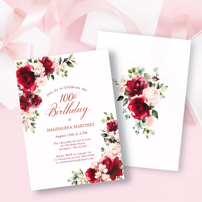 BUDGET 100th Birthday Red Pink Rose Invitation (Créateur téléchargé)