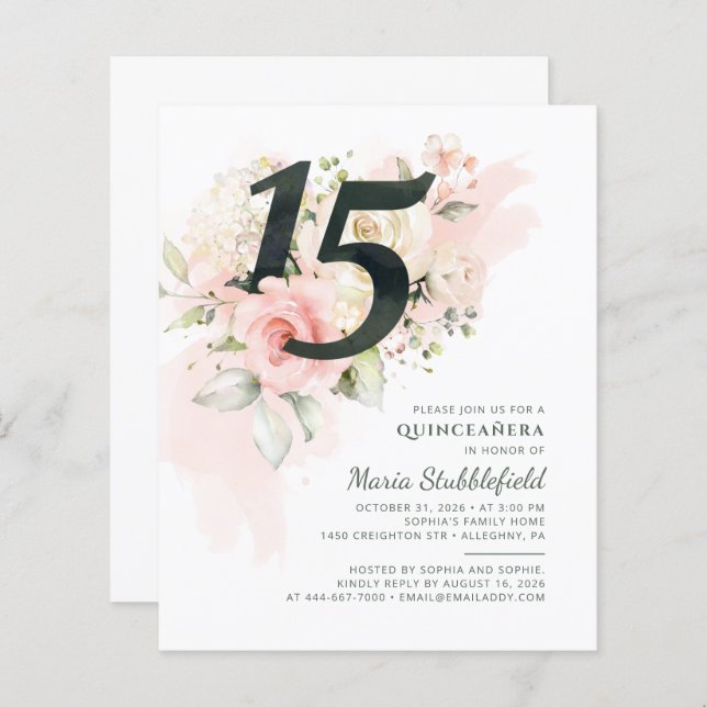 Budget 15e anniversaire Floral Quinceanera Invitat (Devant / Derrière)