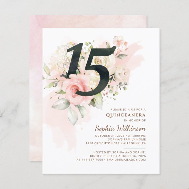 Budget 15e anniversaire Floral Quinceanera Invitat (Devant / Derrière)