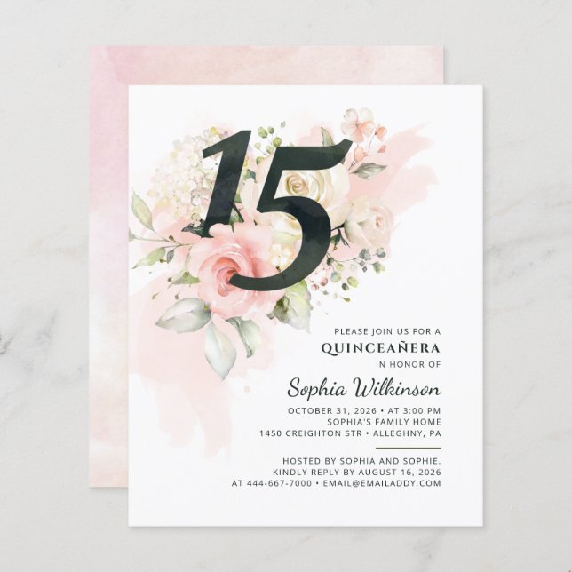 Budget 15e anniversaire Floral Quinceanera Invitat (Devant / Derrière)