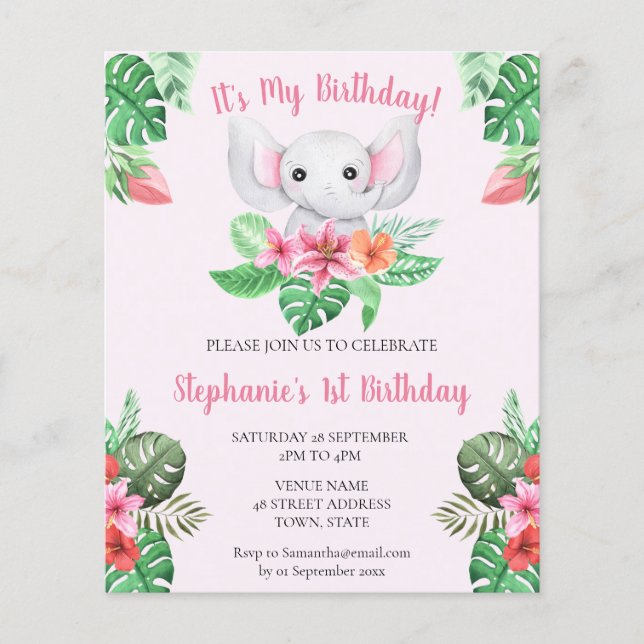 Budget 1er anniversaire Eléphant rose Invitation (Devant)