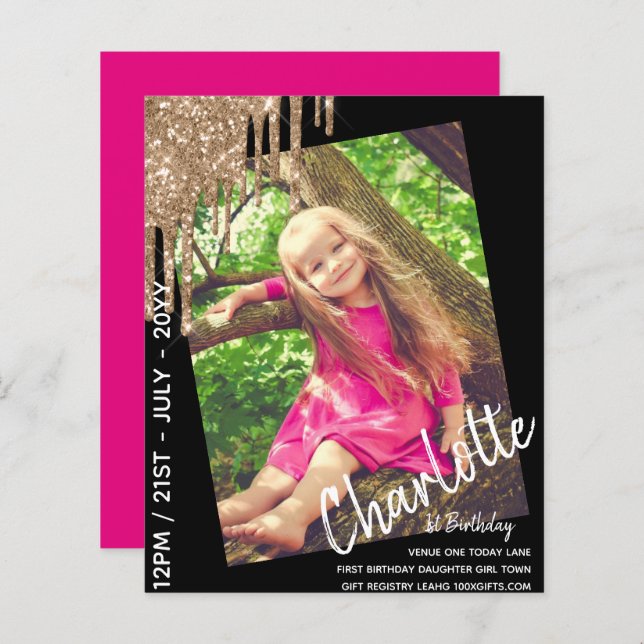 BUDGET 1er anniversaire fille un aujourd'hui Invit (Devant / Derrière)