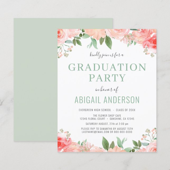 Budget 2022 Girly Grad Sage Floral Invitation (Devant / Derrière)