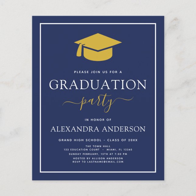 Budget 2022 Graduation Marine Blue Gold Invitation (Devant)