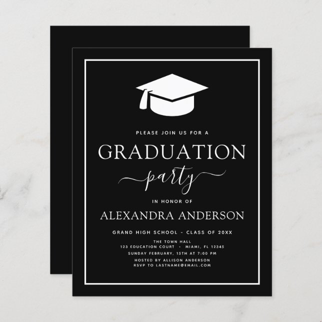 Budget 2023 Graduation Party Black Invitation (Devant / Derrière)