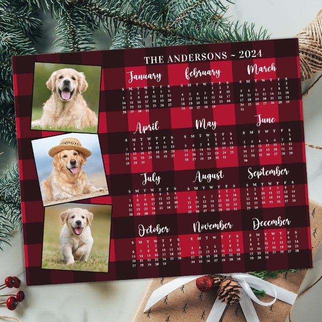 Budget 2026 Photo Pet Dog Red Plaid Calendar Card (Créateur téléchargé)