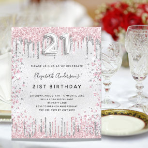 Budget 21e anniversaire argent rose invitation