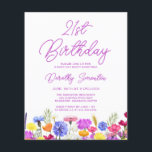 BUDGET 21e anniversaire Fleur sauvage violet Invit<br><div class="desc">Une jolie frontière fleur sauvage décore le fond de cette invitation de fête de 21e anniversaire adulte. Les fleurs violettes, bleues, jaunes et oranges créent un design coloré et heureux pour célébrer cet anniversaire marquant. La calligraphie violette moderne et simple ajoute une touche tendance pour la garder fraîche. Le flux...</div>