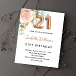 Budget 21e anniversaire fleurie rose d'or eucalypt<br><div class="desc">Une élégante invitation à une fête de 21e anniversaire. Un arrière - plan blanc chic. Décoré d'or rose et de rose pastel rose vif, de fleurs roses, de feuilles d'eucalyptus verts, de sprigs, de verdure et de faux sprigs d'or. Personnalisez et le nom et les détails du parti. Lettres noires...</div>