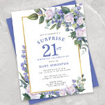 Budget 21e anniversaire Invitation à une fête surp<br><div class="desc">Honorer une femme spéciale avec cette invitation élégante et féminine Budget 21e anniversaire Surprise Party. Surprise et 21e sont écrits en gros bleu. Célébration d'anniversaire suit. Le nom de l'invité honoré est également en lettres majuscules bleues. Les détails de la fête d'anniversaire sont entourés d'un cadre doré chic. Les fleurs...</div>
