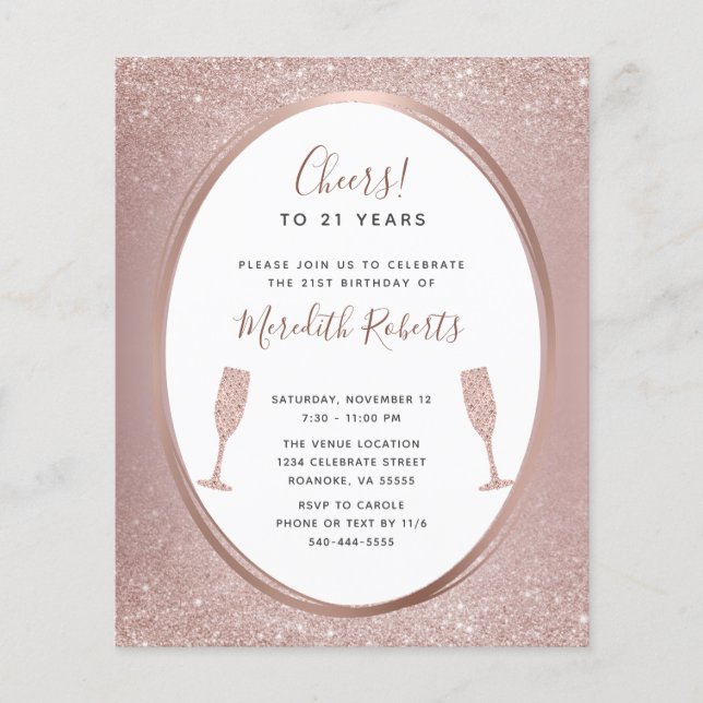 Budget 21e Anniversaire Rose Invitation Champagne  (Devant)