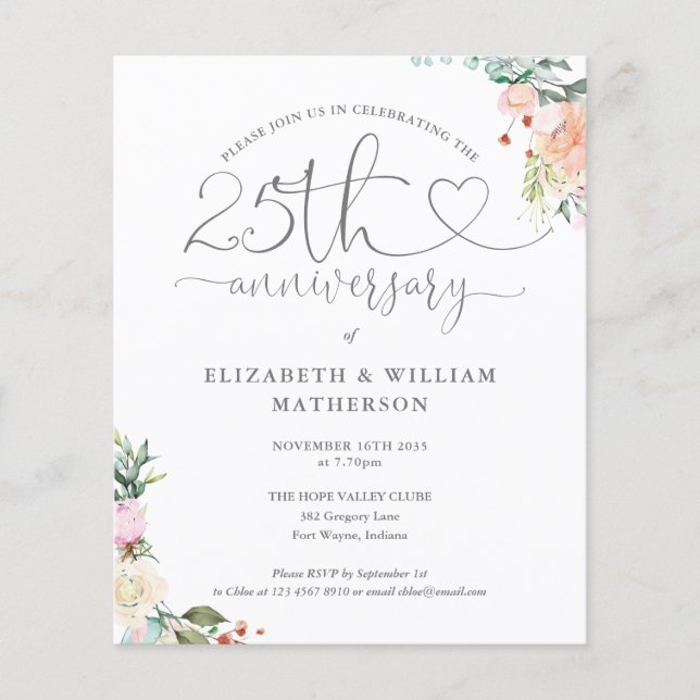 Budget 25e Anniversaire Coeur Floral Invitation (Devant)