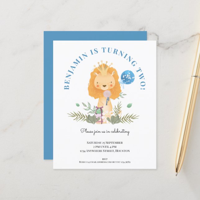 Budget 2e anniversaire Lion Boys Party Invitation (Devant/Arrière en situation)
