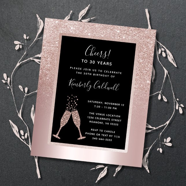Budget 30e anniversaire Champagne Invitation de la (30th Birthday Party Invitation Blush Rose Gold Glitter Champagne Toast)