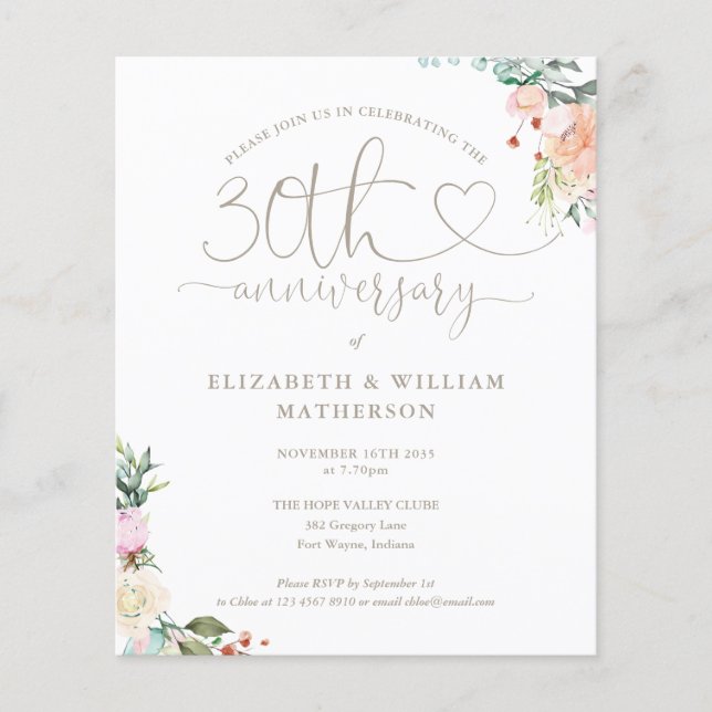 Budget 30e anniversaire Coeur Floral Invitation (Devant)