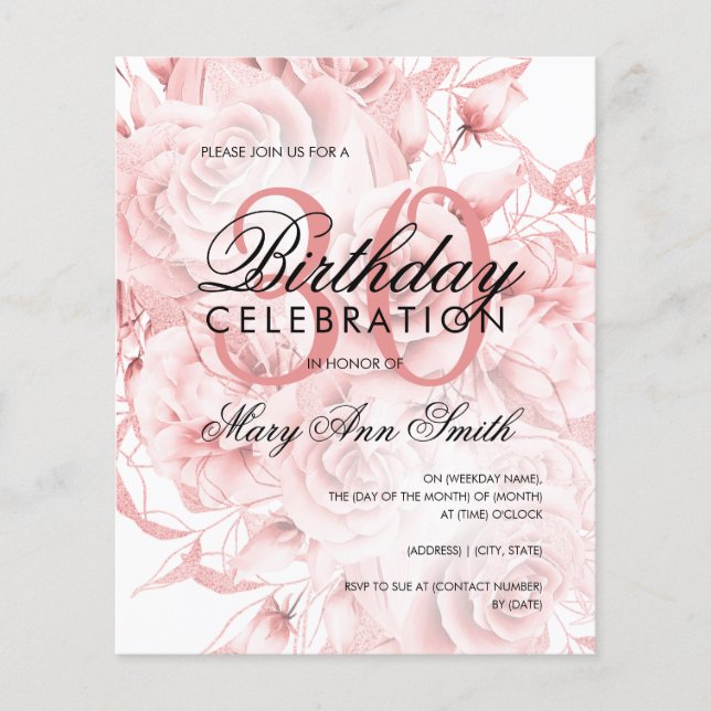 Budget 30e anniversaire Floral Rose Invitation or (Devant)
