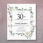 Budget 30e anniversaire Invitation florale blanche<br><div class="desc">L'élégante invitation à la fête du 30e anniversaire présente un cadre botanique de fleurs blanches et de feuilles verts. Le nom de la personne d'anniversaire est écrit dans un texte traditionnel. Tout le texte peut être facilement édité pour créer juste le ton de fête approprié.</div>