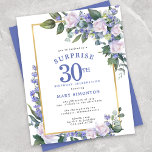 Budget 30e anniversaire Surprise Party Invitation<br><div class="desc">Honorer une femme spéciale avec cette invitation élégante et féminine Budget 30e anniversaire Surprise Party. Surprise et 30ème sont écrits en gros caractères bleus. Célébration d'anniversaire suit. Le nom de l'invité honoré est également en lettres majuscules bleues. Les détails de la fête d'anniversaire sont entourés d'un cadre doré chic. Les...</div>