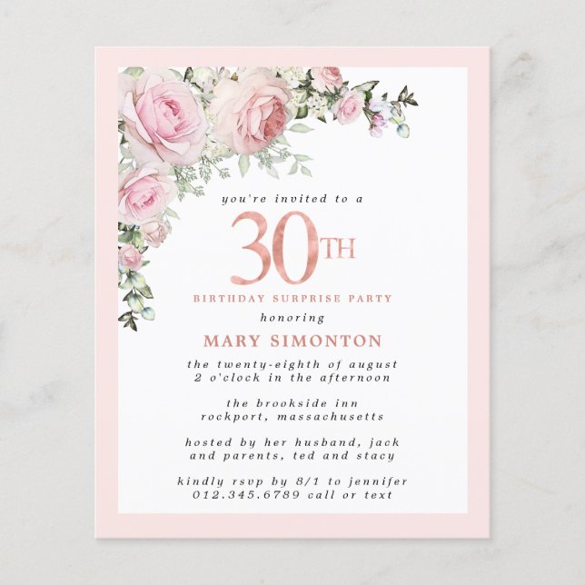 Budget 30e anniversaire Surprise Party rose Floral (Devant)