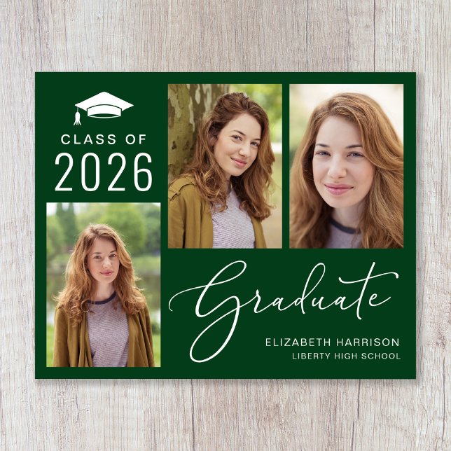 Budget 3 Faire-part de graduation verte photo (An elegant photo collage graduation announcement to celebrate the graduate's achievements)