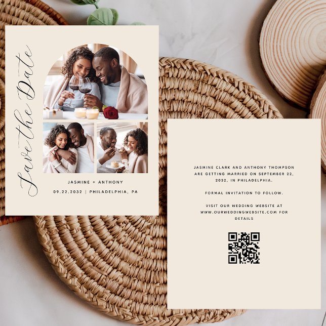 Budget 3-Photo Beige Code QR Save the Date (Créateur téléchargé)
