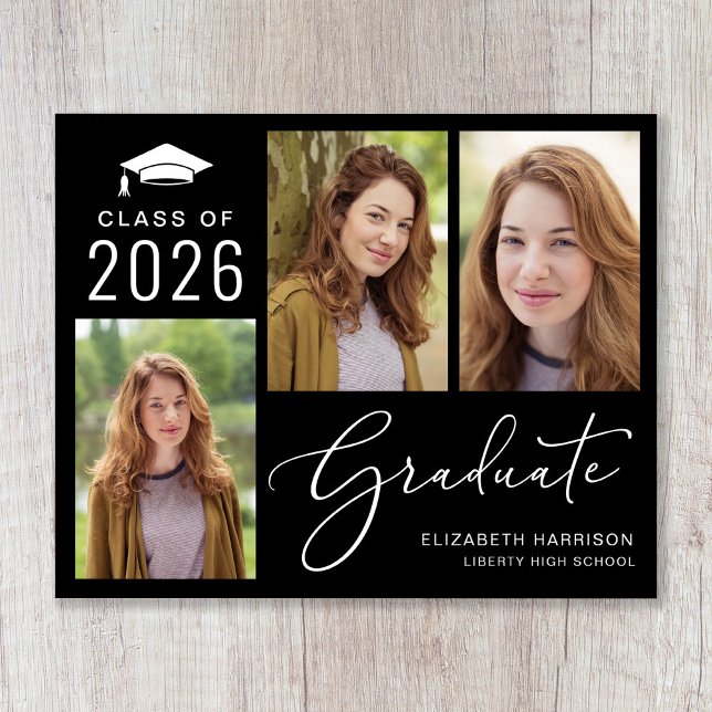 Budget 3 Photo Black Graduation Faire-part (Share the pride and excitement of your grad's achievement with friends and family near and far)