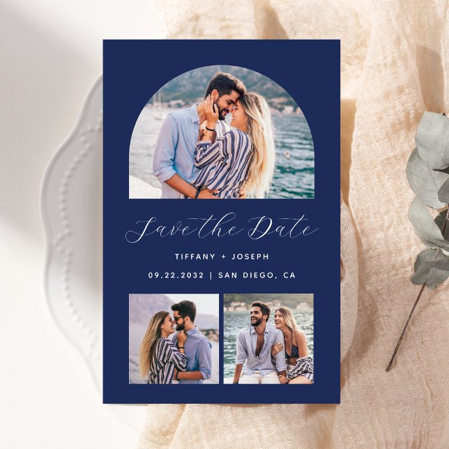 Budget 3-Photo Boho Arch Bleu Nuit Save the Date (Créateur téléchargé)