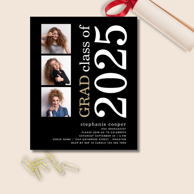 Budget 3 photo Bold 2025 Black Graduation Invitati (front view)