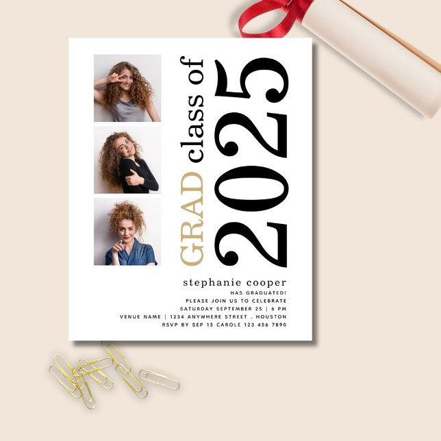 Budget 3 photo Bold 2025 White Graduation Invitati (front view)