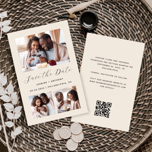 Budget 3-Photo Code QR Beige Faire-Part de Mariage (Créateur téléchargé)