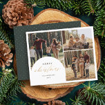 Budget 3 Photo Collage Arc Joyeux Noël Photo<br><div class="desc">Faites des souvenirs inoubliables avec notre Carte photo de vacances budget. Présentant un délicieux collage 3 photos avec une arche sur la gauche, agrémenté de "Joyeux Noël" en faux script de feuille d'or calligraphie. Personnalisez-le avec votre nom de famille et votre année dans une police épurée et minimaliste. Retournez-le pour...</div>