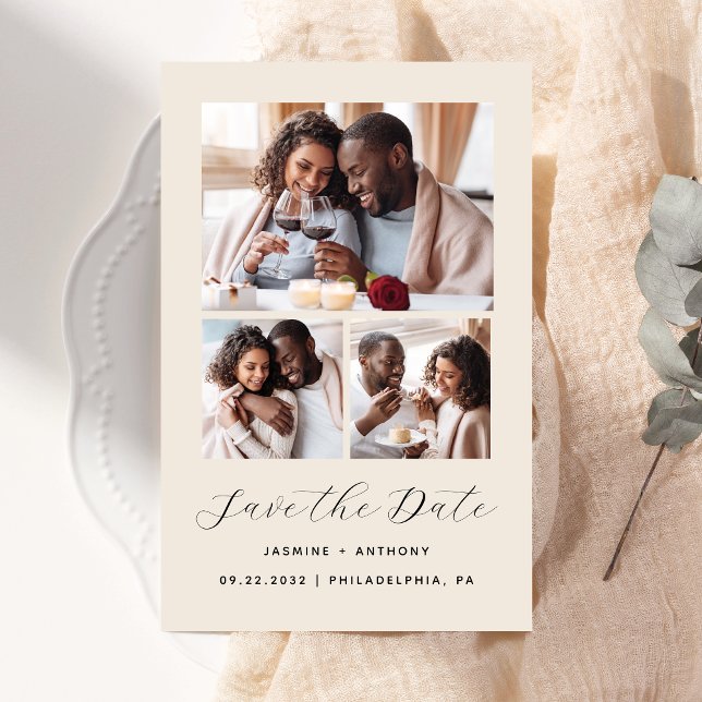 Budget 3-Photo Collage Beige Enregistrer la date (Créateur téléchargé)